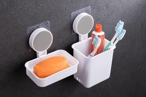 Image of Xmart India Wall-Mounted Tooth Brush Holder Bathroom - Self-Adhesive Bathroom Organiser Without Drill for Toothbrushes with Plastic Soap Holder- Soap Box for Bathroom- (Toothbrush Holder + Soap Dish)