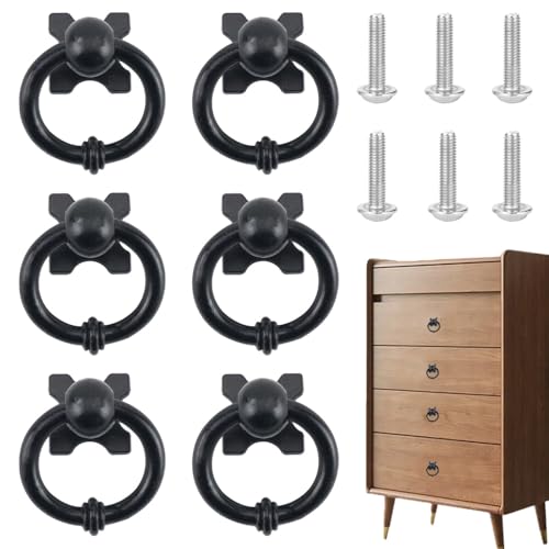 6 PCS Drawer Handles Black Drawer Knobs Rings Vintage Cabinet Handles and Ring Pulls with 6 Screws for Home Wardrobe Cupboard Dresser Door Furniture Decorative