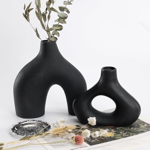 Image of PUREZENTO Abstract Black Ceramic Donut Vase 5.4 & 7.7 Inch - Set of 2 | Decorative Unique Modern Vase for Dried Flowers & Pampas Grass | Vases for Modern Home Decor, Living Room, Office Decor Ideas