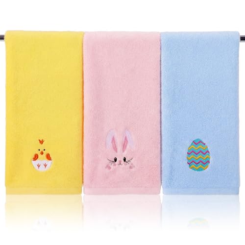 HunnmingRe 3 Pcs Easter Bunny Hand Towel Cotton 12.6 x 28.4 Inch Embroidered Easter Egg Chick Decorative Dish Towel for Bathroom Kitchen Bar Housewarming Gifts