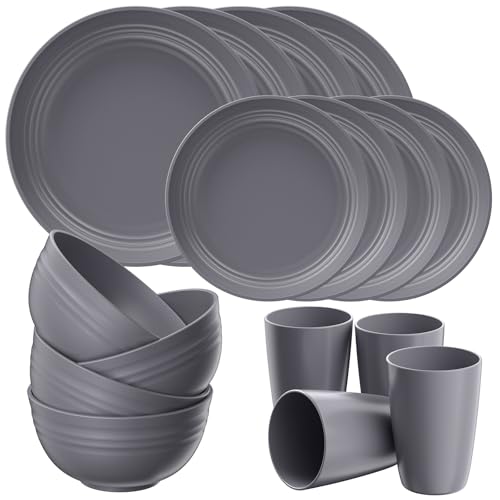 Image of Quatish 16 Piece Plates and Bowls Sets for 4, Unbreakable Dinnerware Sets, Plastic Dish Set for Camping, Dishwasher Microwave Safe, Outdoor Kitchen and Apartment Dorm Dinning RV Essentials, Grey