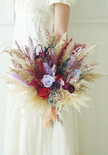 Ramo de flores secas beige y rojo estilo boho rústico miniatura 7