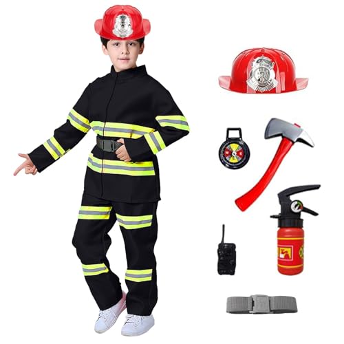 Générique Ensemble Costume Pompier Enfant, Uniforme Beige Réaliste avec Bandes Réfléchissantes, Casque et Accessoires, Idéal pour Le Jeu de Rôle de Noël, Les Fêtes et Les Cadeaux Cadeau Noël