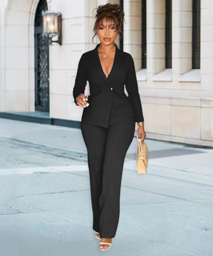 knowfashionstyle Womens Suits 2 Piece Set Business Breasted Blazer Pants Sets Casual Long Sleeve Formal Work Suit with Pocket2