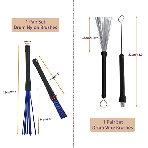 Cheerock Drum Brushes Set 1 Pair Retractable Wire Brushes and 1 Pair Nylon Brushes Set with Rubber Handles for Cajon Jazz Percussion Accessories