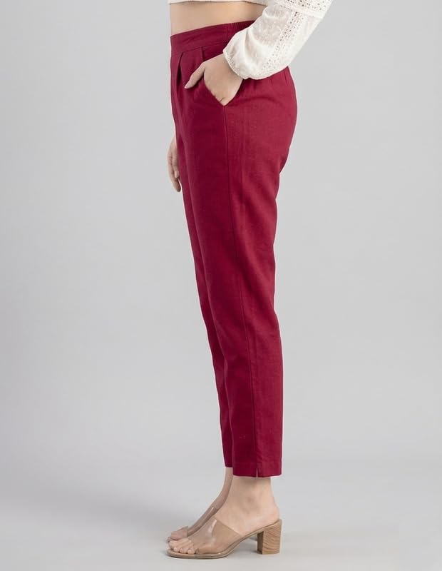 Image of Solid Cotton Woman Trousers Pants Regular Fit Kurti Pant with Drawstring Daily Office Formal Casual Use