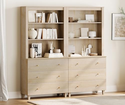 Image of WAMPAT 71 inch Tall Bookcase with 6 Drawers & Open Shelves, 2 Column Modern 3-Tier Bookshelf with Adjustable Shelf, 71 inch Wide Wooden Display Book Shelf for Home Office, Living Room, Bedroom, Light Oak