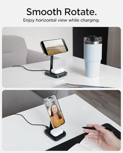 Image of Spigen for Qi2 15w, MagSafe Compatible Wireless Charging Stand for iPhone 17 /16 /15 /14 /13 /12, Pixel 10 Series, Fast Charging, Dual Charging Station, USB-C to C Cable Included (PF2402) - Black