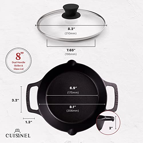 Image of Cast Iron Skillet with Glass Lid - 8 inch-Inch Dual Handle Frying Pan + Pan Scraper + Silicone Handle Holder Covers - Pre-Seasoned Oven, Grill, Stovetop, Fire, Induction Safe Cookware - Indoor /Outdoor Use