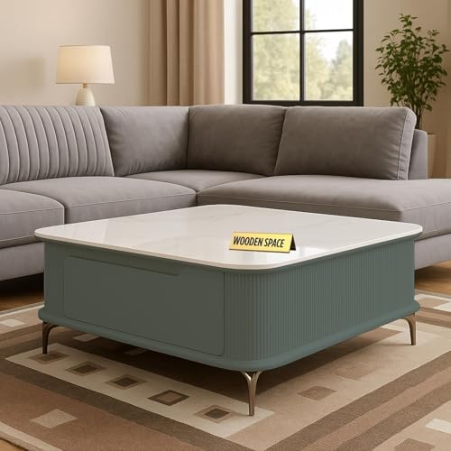 Image of WOODEN SPACE Premium Solo Marble-Top Wooden Center Table for Living Room | Iron Legs | PVD Coating | Modern Entryway Furniture | Coffee Table (Sky Blue)