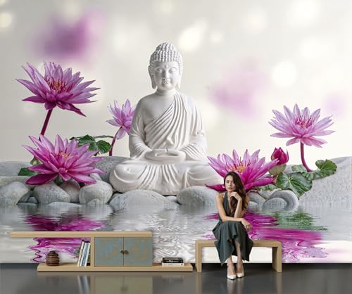 Papel Tapiz Fotográfico Estatua Buda Porcelana Blanca Flor Loto Rosa 300 × 210 Cm Papel Pintado Panorámico,Estilo Zen Wabi-Sabi Murales Decoración Pared Para Cuarto De Niño, Salón, Oficina