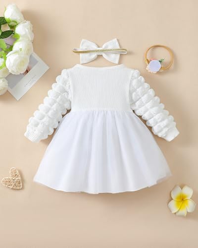 Renotemy Baby Girl Flower Dress Fall Winter, Puff Sleeve Tutu Dresses Princess Wedding Birthday Party Dresses for Girls 3M-3T4