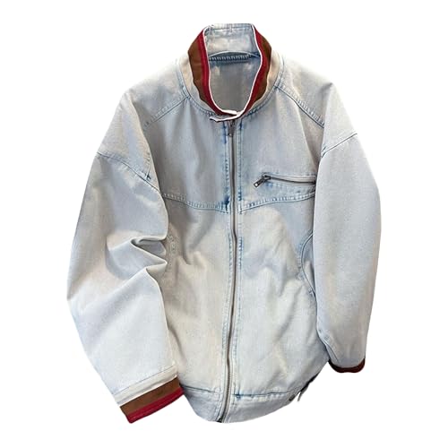 Mens Baggy Easy-Matching Jean Streetwear Top Retro Distressed Wash Denim Coat Full Zip Stretch Jean Jacket