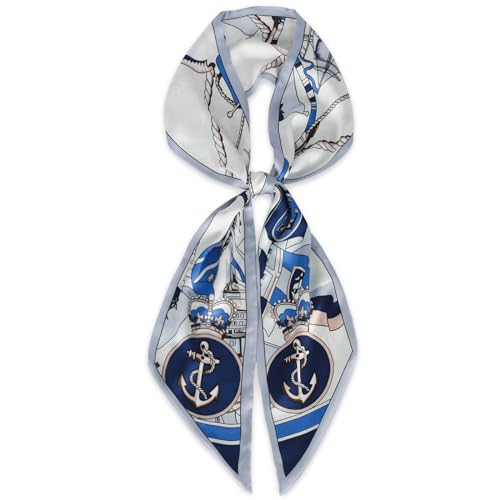 Relang Satin Scarf Mulberry Silk Printed Head Wrap Hair Band 7"" x 59"" Light Blue Chain