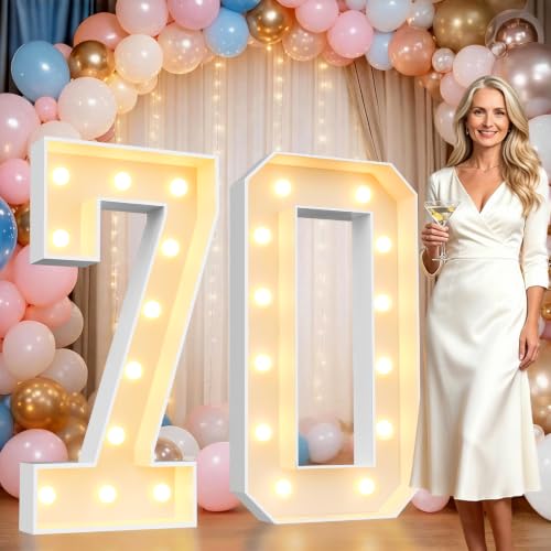 Image of Pooqla 4FT Marquee Numbers, Large Light Up Number 70th Birthday Party Decor | Warm White LED Marquee Light Up Numbers 4 Feet Tall, Party Decorations for 70th Birthday Anniversary Photo Backdrop