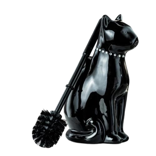 Comeon Ceramic Cat White/Black Toilet Brush and Holder Set, Plastic Handled Scrub Brush for Bathroom Cleaning,10.63