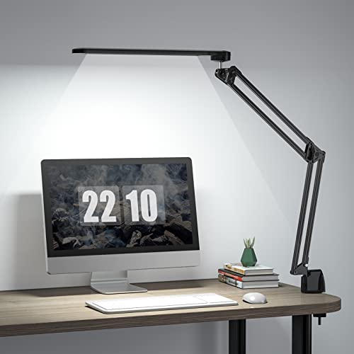 LED Desk Lamp with Clamp, OZAPZ 12W LED Clamp Light with 5 Color Temperatures, Stepless Dimmer, Metal Clamp Lamp with 360 Degree Swing Arms, Clamp Desk Lamp for Work, Living Room, Sewing, Craft(Black)