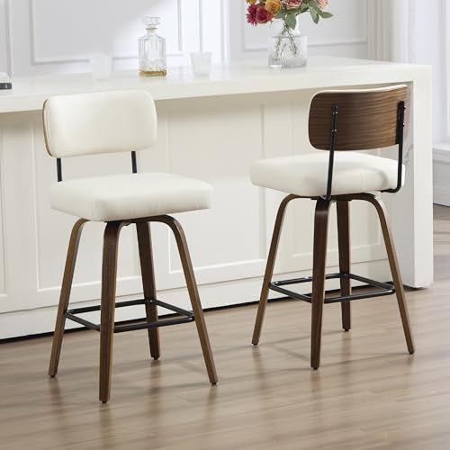 Butacos VipDesk de altura para barra, set de 2 unidades, tapizados en cuero sintético, con respaldo y patas de madera de nogal, estilo moderno - Blanco miniatura 1