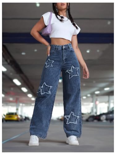 WDIRARA Women's Star Patchwork Jeans High Waisted Straight Leg Denim Pants4