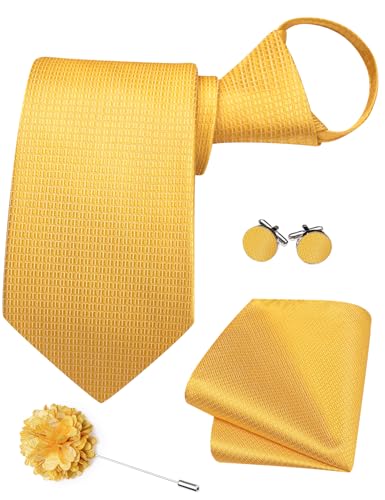 Image of Hi-Tie Zipper Ties for Men Pre-tied Tie Set Lapel Pin Pocket Square and Cufflinks Formal Business Wedding Adjustable Necktie