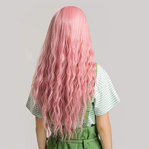 Flameer Moda Charme Longo Ondulado Encaracolado Mulheres Perucas Traje Peruca W/Franja Plana - Rosa