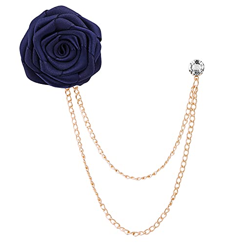 Fashion Bridegroom Wedding Brooches Cloth Art Hand-Made Rose Flower Brooch Lapel Pin Badge Tassel Chain Men's Suit Accessories (Navy blue)