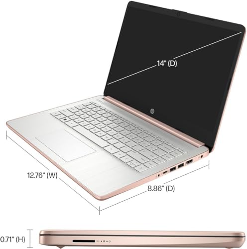 Image of HP 14 inch HD Student Business Laptop, Intel Quad-Core N4120, 16GB RAM, 384GB Storage, (128GB eMMC+256GB SD Card), 1 Year Office 365, Slim Design, Webcam, HDMI, Bluetooth, WiFi, Win 11 S, Rose Gold