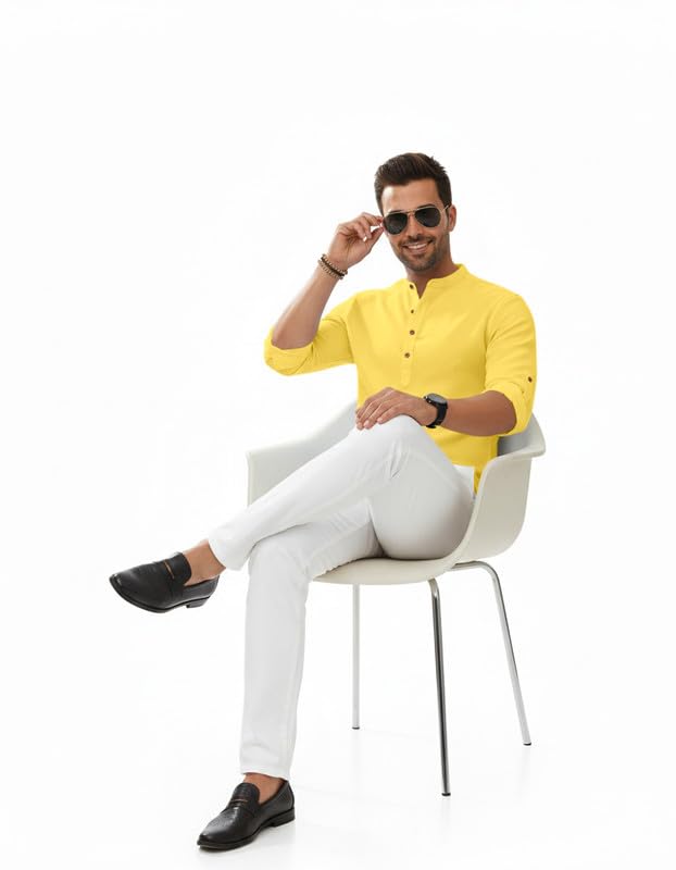 Image of Macsivo Men's Cotton Blend Solid Short Kurta with Regular Lenth Mandarin Neck Full Sleeves and roll-up tab| Kurta Style Shirt for Men