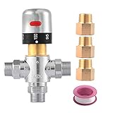 TreMax Thermostatic Mixing Valve,Hot Water and Cold Water Mixing Valve, With 1/2“G to 1/2‘’ NPT Connection Adaptors, Water Temperature Control Valve,Fahrenheit Scale Mark, Solid Brass (Grey)