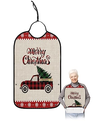 Christmas Truck Adult Bibs for Eating, Waterproof Bibs with Food Catcher & Adjustable Snap Closure, Xmas Tree Winter Snowflake Linen Texture Clothing Protectors Adult Bibs for Elderly Women/Men