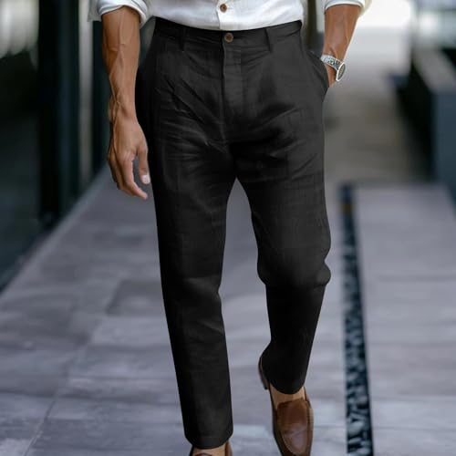 Mens Casual Cotton Linen Pants Loose Fit Expandable Waist Straight Leg Lounge Pant Summer Beach Work Pant Slacks 20252