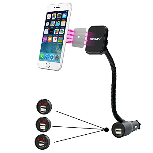 SOAIY® Chargeur Allume-Cigare de 2 Ports 3,1A avec Support de Téléphone Magnétique de Voiture Multifonction/Détecteur de Voltage avec Indicateur Voltage...