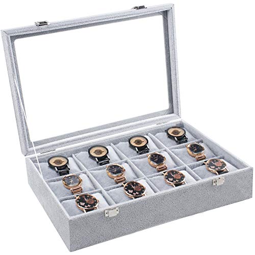 Tasybox Watch Box Organizer 12 Slot Watches Holder Mens Womens Watch Storage Boxes Grey Velvet Display Case with Glass Top