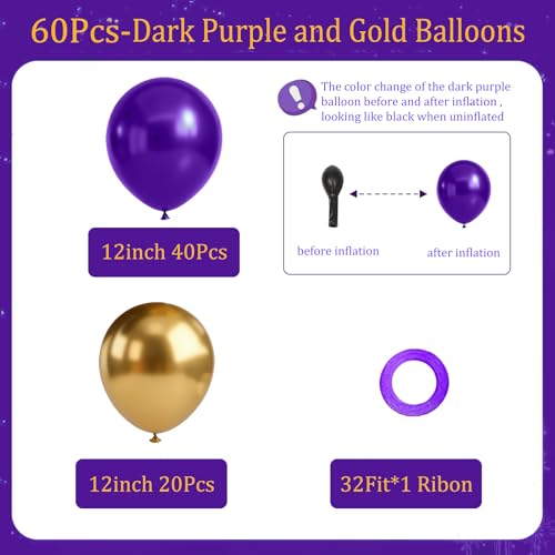 Image of Purple and Gold Balloons,60pcs12inch Dark Purple and Metallic Gold balloon for Graduation Wedding Birthday Party Decorations