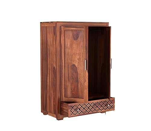 Image of Sheesham Wood Wooden 2 Door Wardrobe Organizer for Clothes | - Solid Wood Almirah with 1 Drawers, 1 Shelves - with Hanging Space Cupboard for Large Bedroom (Design 11)