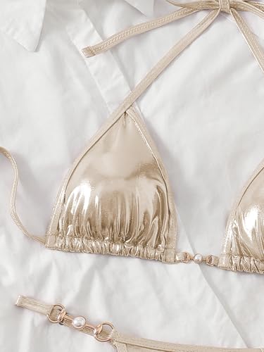 Women's Metallic Triangle Halter Bikini Sets Shiny Tie Back Pearl String Two Piece Swimsuit Bathing Suit Set4