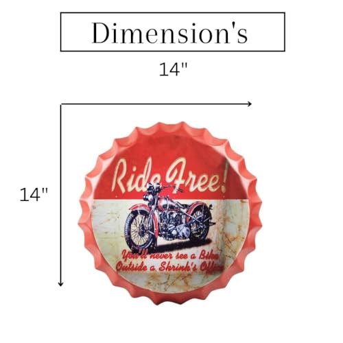 Image of EAZYWAGON Decorative Metal Bottle Caps Wall Sign Plates - 14X14 Inches - RIDE FREE | Metal Wall Hanging Bottle Cap for Home, Farmhouse, Bar & Cafe Decoration | Vintage & Retro Look Plaques