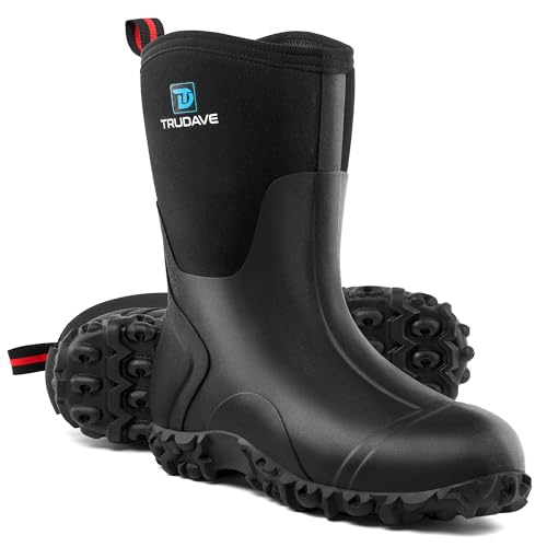 Trudave Rubber Boots for Women with Steel Shank, 6mm Neoprene Mid Calf Rain Boots, Waterproof Insulated Mud Work Boots All Season, Black, Size 7