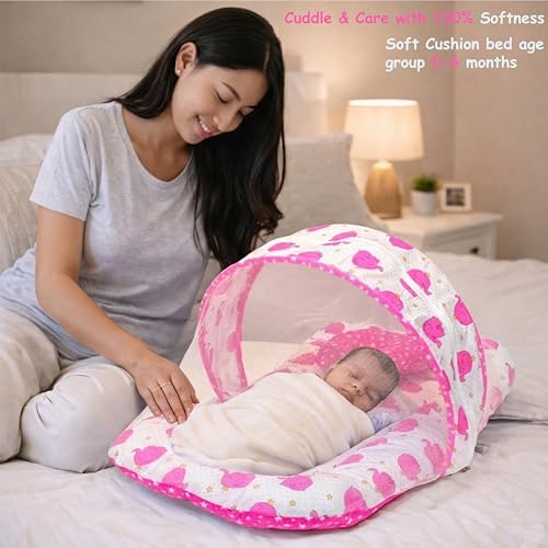 Image of Fareto Combo of Baby Nest | Net with Bed | Carry Bag | 4 Pcs Bedding Set(0-6 Months) (Fullset Nest) (Ele Pink)