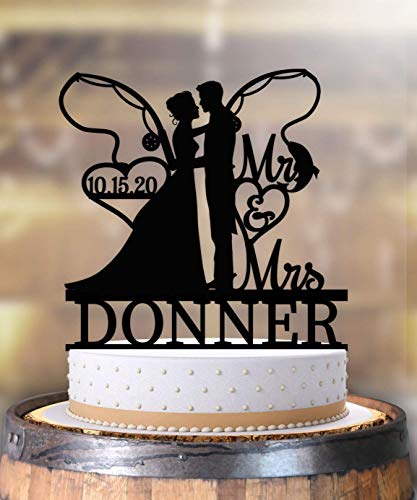 Fishing Outdoor Hunting Wedding Bride and Groom Hugging Cake Topper Personalized