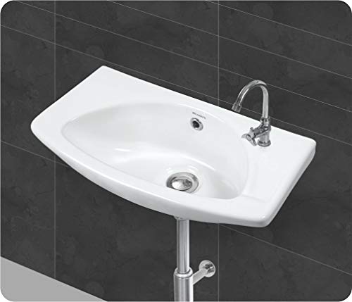 Image of Wash Basin Wall Hung Mounted Glossy Finish White Sink for Bathroom - (18 x 9 x 6 Inch)