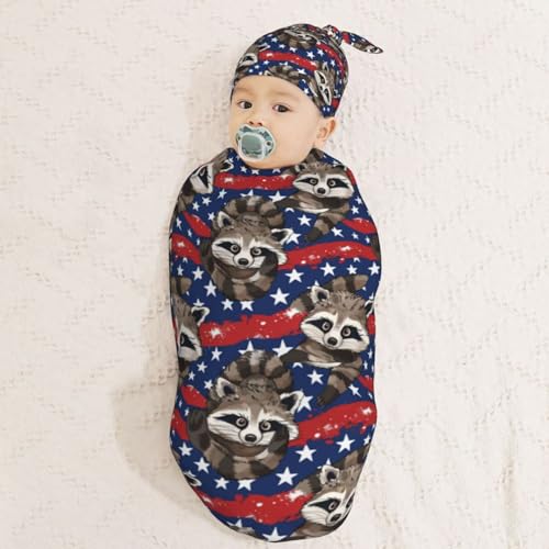 Image of Funny Raccoons with American Flag Newborn Swaddle Blankets Hat Sets Soft Baby Receiving Blanket Swaddle Sack for Baby Shower Infant Boy Girl Gift