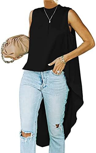 MIRACMODA Woman Casual Mock Neck Sleeveless Tunic Top Asymmetrical Irregular Hem Pleated Blouse T-Shirt Dress Black