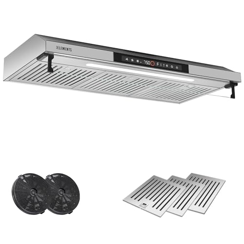 KB ELEMENTS Dunstabzugshaube 90cm, Umluft/Abluft Dunstabzugshaube mit 650m³/h starke Saugleistung, Doppelter Motor, Touch-Gestensteuerung, Multifunktionales Touch Display