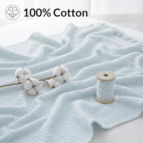 Image of HOMEMONDE 100% Cotton Handloom Waffle Throw Blanket for Sofa & Bed | Soft Lightweight Decorative Throw with Tassels | All-Season Couch, Chair & Bed Throw (50 x 60 Inches - Ice Blue)