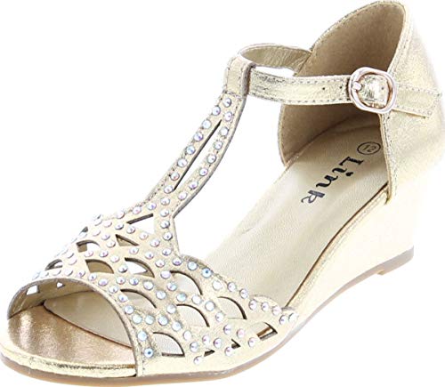 Blaze04 Kids Rhinestone Peep Toe Cut Out Ankle Strap Wedge Dress Sandal Shoes