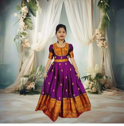 Image of Traditional Silk Kids Anarkali Dress - Purple & Gold Ethnic Wear for Special Occasions - 1PC