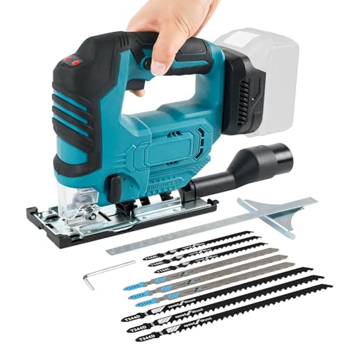 Cordless Jigsaw for Makita 18V, 500W Brushless Electric Orbital Jigsaw with Led Light, ±45° Bevel Cutting Angle, 9Pcs T-Shank Blades, 19 mm Stroke for Wood Plastic Metal (No Battery) 1 Cordless Jigsaw for Makita 18V, 500W Brushless Electric Orbital Jigsaw with Led Light, ±45° Bevel Cutting Angle, 9Pcs T-Shank Blades, 19 mm Stroke for Wood Plastic Metal (No Battery)