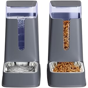 Cat Food Dispenser and Cat Water Dispenser Set with Stainless Steel Bowls Gravity Dog Feeder for Small Medium Big Cat Dog Pet Puppy Kitten, 1 Gallon x 2