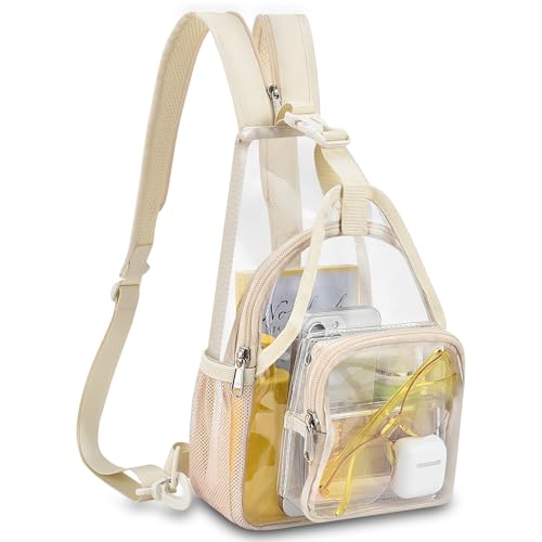 Image of Mildbeer Womens Convertible Clear Backpack, Compact Concert Beige Mini | Convertible PVC sling /shoulder bag for women. Fits phone, cards & lipstick. Ideal for festivals & commute. Stadium compliant